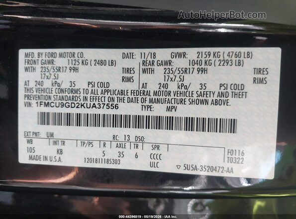 1FMCU9GD2KUA37556 2019 FORD ESCAPE Черный Вид подкапотного пространства