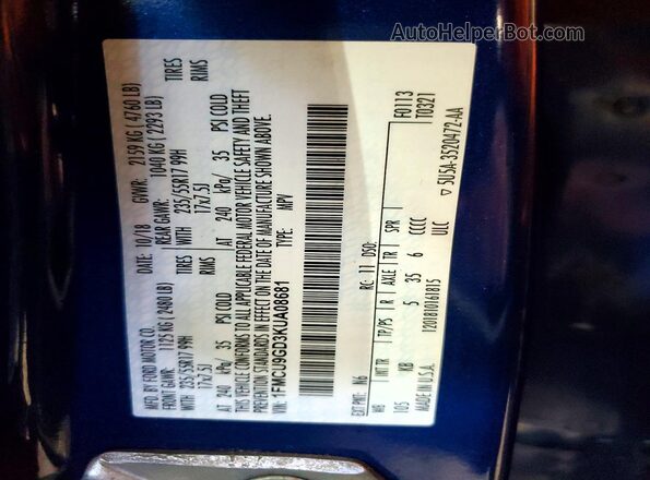 1FMCU9GD3KUA08681 2019 FORD ESCAPE Blue VIN sticker view