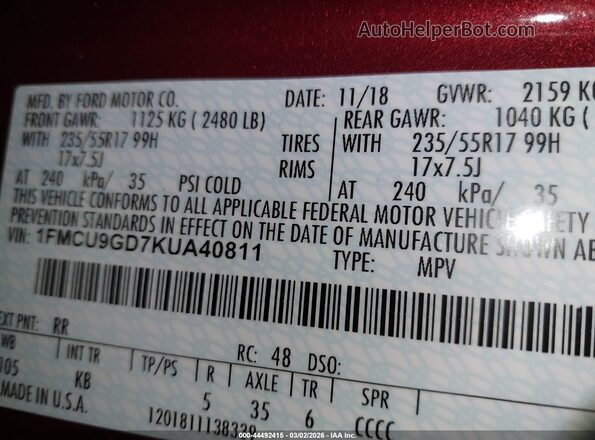 1FMCU9GD7KUA40811 2019 FORD ESCAPE Burgundy Widok komory silnika