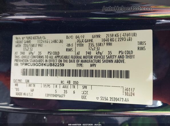 1FMCU9GD8KUB82259 2019 FORD ESCAPE Black Engine compartment view