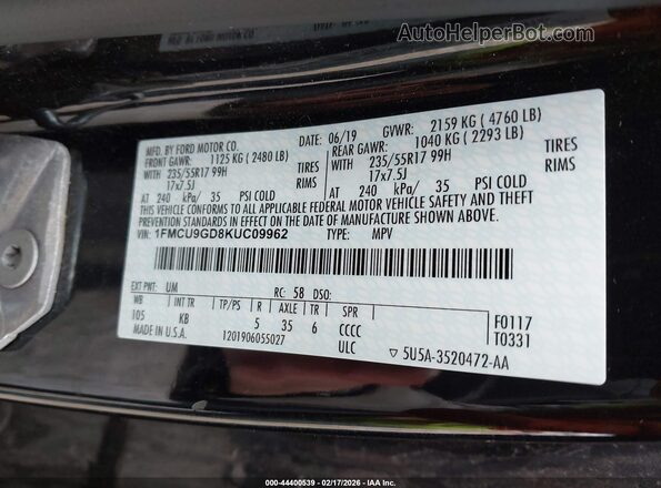 1FMCU9GD8KUC09962 2019 FORD ESCAPE Черный Вид подкапотного пространства