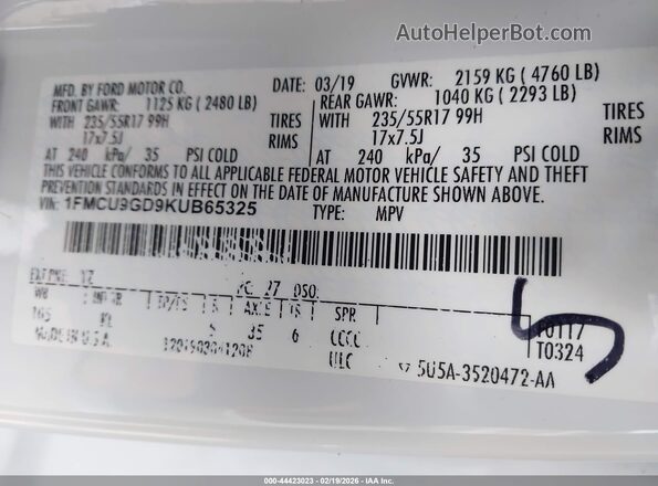 1FMCU9GD9KUB65325 2019 FORD ESCAPE White Widok komory silnika