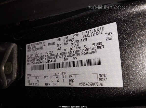 1FMCU9GX5GUB54047 2016 FORD ESCAPE Серый Вид подкапотного пространства