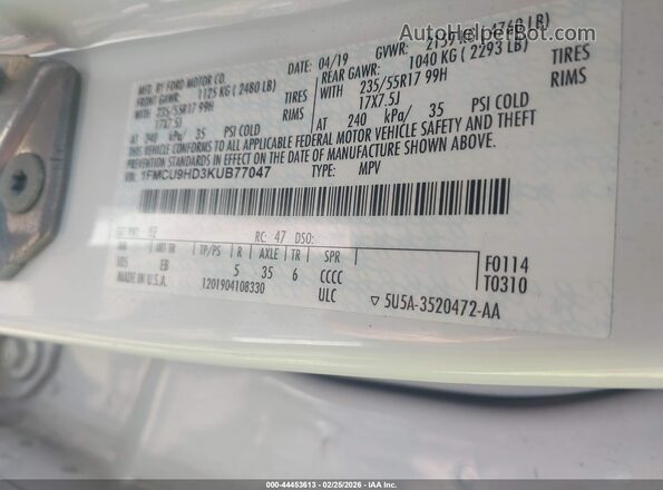 1FMCU9HD3KUB77047 2019 FORD ESCAPE Белый Вид подкапотного пространства