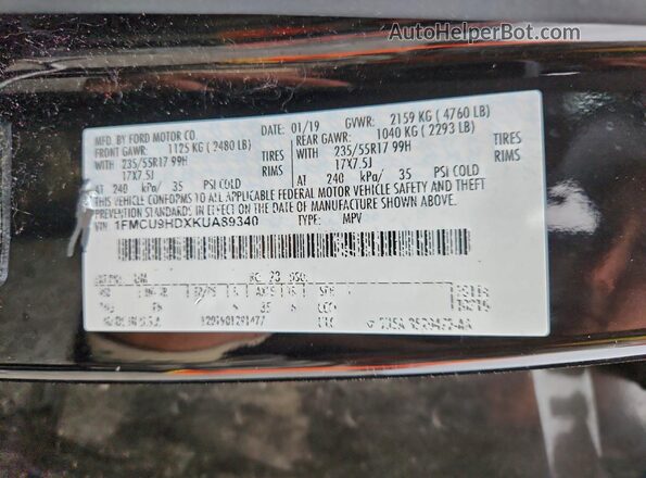 1FMCU9HDXKUA89340 2019 FORD ESCAPE Черный Вид наклейки с VIN-кодом