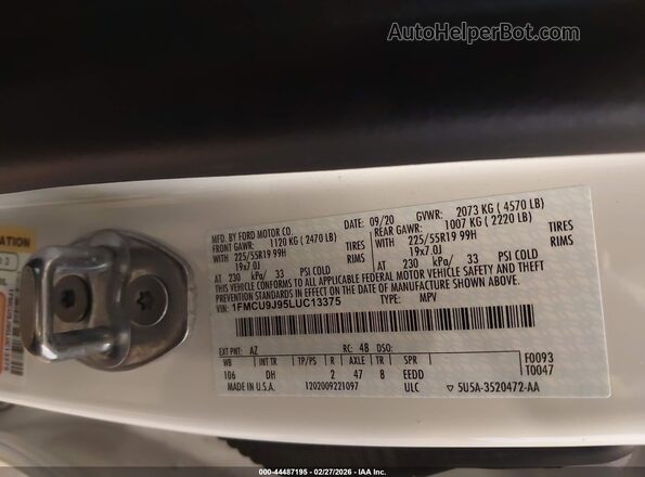 1FMCU9J95LUC13375 2020 FORD ESCAPE Белый Вид подкапотного пространства