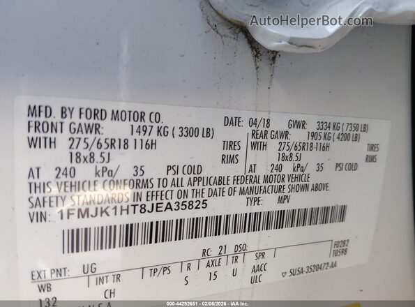1FMJK1HT8JEA35825 2018 FORD EXPEDITION MAX White Vista del compartimento del motor
