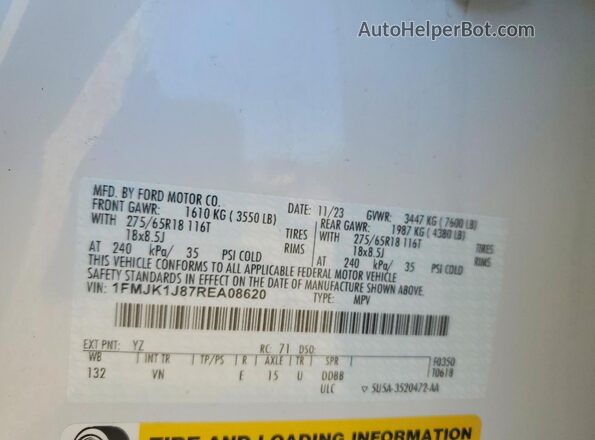 1FMJK1J87REA08620 2024 FORD EXPEDITION Белый Панорамный вид салона 360°