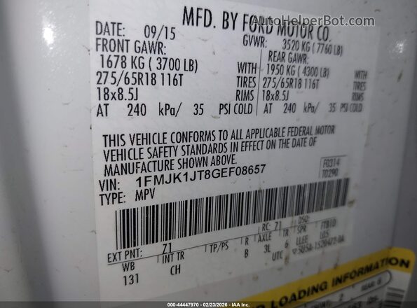 1FMJK1JT8GEF08657 2016 FORD EXPEDITION EL Белый Вид подкапотного пространства