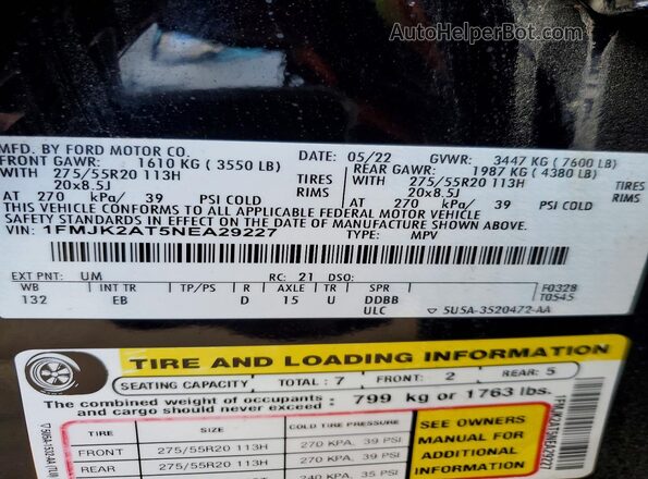 1FMJK2AT5NEA29227 2022 FORD EXPEDITION Черный Вид наклейки с VIN-кодом