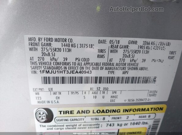 1FMJU1HT3JEA40943 2018 FORD EXPEDITION Серебряный Вид подкапотного пространства
