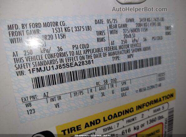 1FMJU1J85SEA28381 2025 FORD EXPEDITION Белый Вид подкапотного пространства
