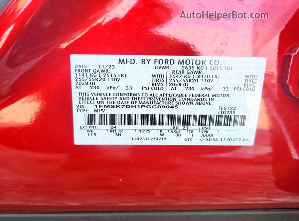 1FMSK7DH1PGC09045 2023 FORD FORD EXPLORER Red Vista interior de 360 grados