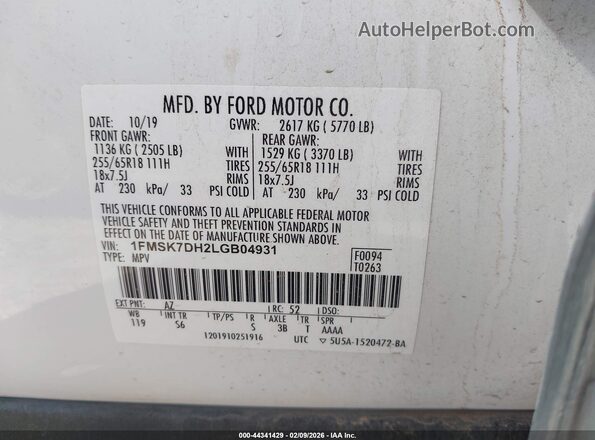 1FMSK7DH2LGB04931 2020 FORD FORD EXPLORER Белый Вид подкапотного пространства
