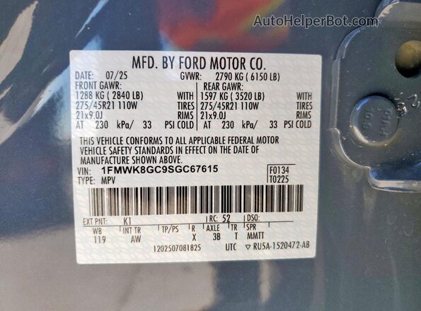 1FMWK8GC9SGC67615 2025 FORD FORD EXPLORER Blue Vista interior de 360 grados