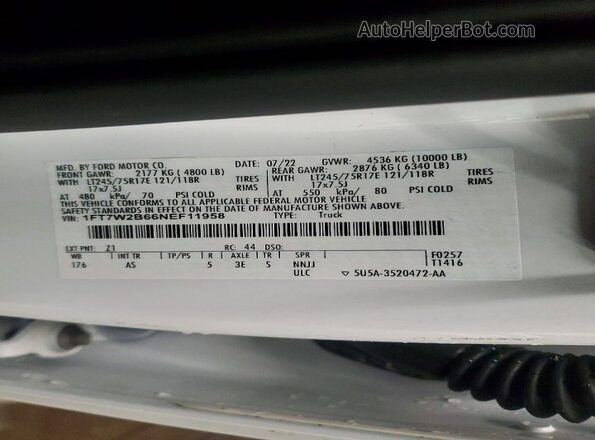 1FT7W2B66NEF11958 2022 FORD F250 White Вид підкапотного простору