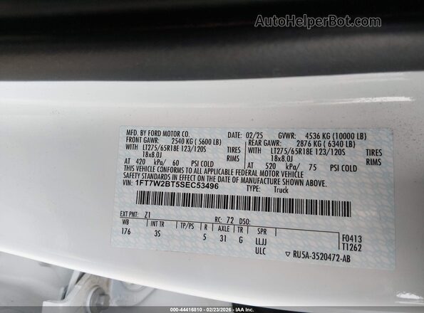 1FT7W2BT5SEC53496 2025 FORD F-250 White უკანა მარჯვენა