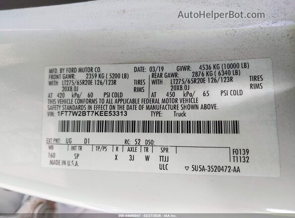 1FT7W2BT7KEE53313 2019 FORD F-250 Белый Вид подкапотного пространства