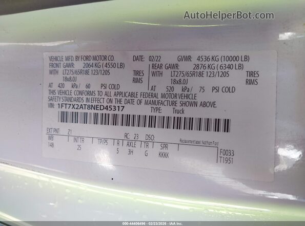 1FT7X2AT8NED45317 2022 FORD F-250 White Widok komory silnika