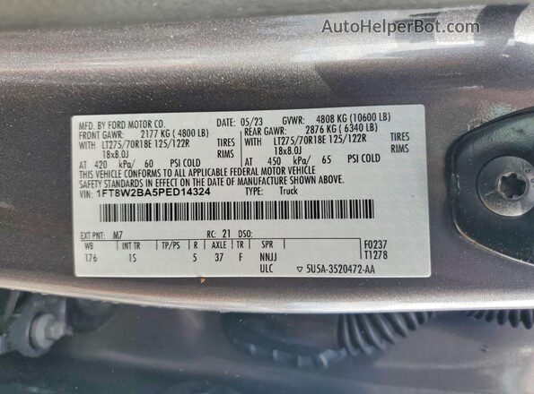 1FT8W2BA5PED14324 2023 FORD F250 Gray Вид наклейки з VIN-кодом