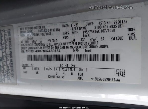 1FTBF4X87MKA89134 2021 FORD TRANSIT-350 White Շարժիչի բաժամունքի տեսք