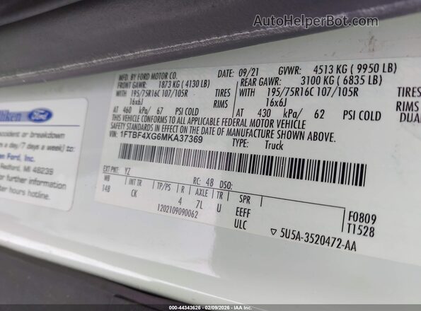 1FTBF4XG6MKA37369 2021 FORD TRANSIT-350 White Вид підкапотного простору