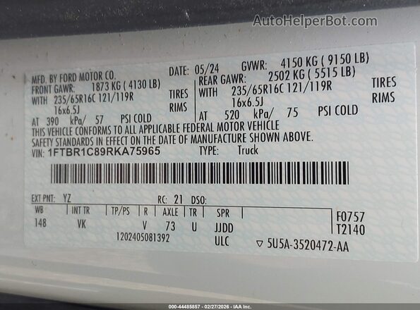 1FTBR1C89RKA75965 2024 FORD TRANSIT-250 White Вид підкапотного простору