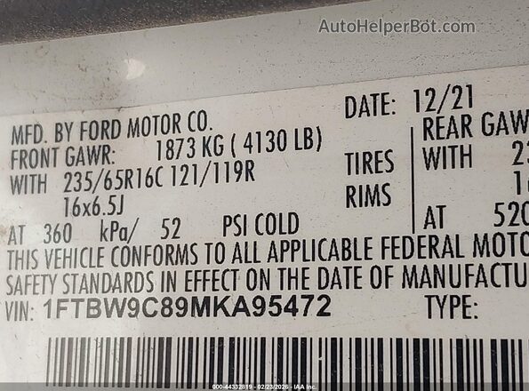 1FTBW9C89MKA95472 2021 FORD TRANSIT-350 White Widok komory silnika