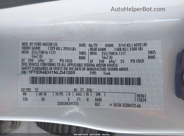 1FTER4EH1NLD41205 2022 FORD RANG Белый Вид подкапотного пространства