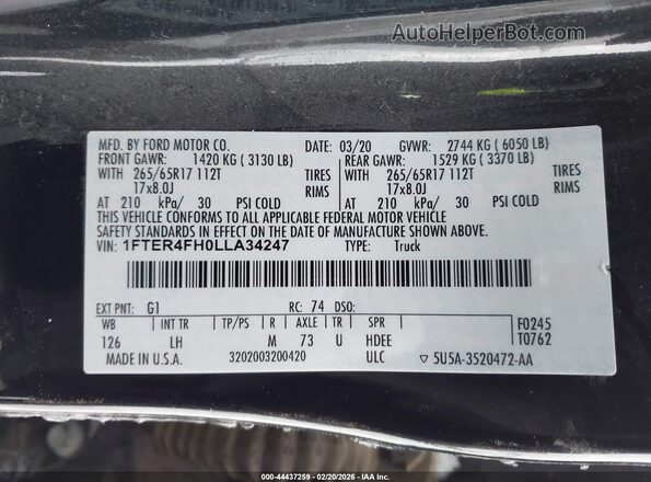 1FTER4FH0LLA34247 2020 FORD RANG Черный Вид подкапотного пространства
