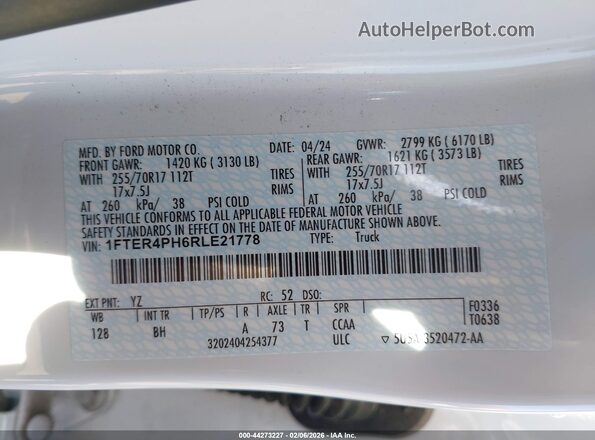 1FTER4PH6RLE21778 2024 FORD RANG Белый Вид подкапотного пространства