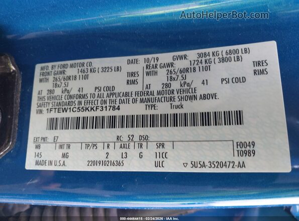 1FTEW1C55KKF31784 2019 FORD F150 Blue Engine compartment view