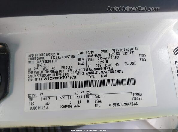 1FTEW1CP0KKF31970 2019 FORD F150 White Vista del compartimento del motor