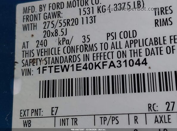 1FTEW1E40KFA31044 2019 FORD F150 Синий Вид подкапотного пространства
