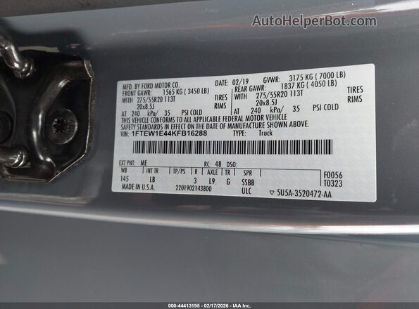 1FTEW1E44KFB16288 2019 FORD F150 Gray Engine compartment view