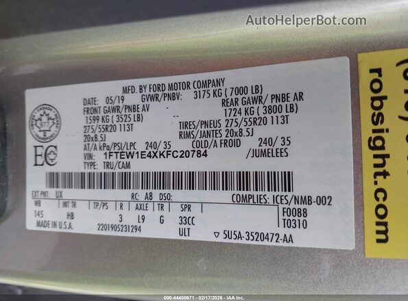 1FTEW1E4XKFC20784 2019 FORD F150 Silver Vista del compartimento del motor