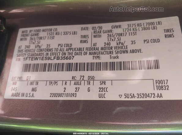 1FTEW1E59LFB35607 2020 FORD F150 Серый Вид подкапотного пространства