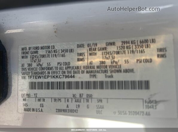 1FTEW1EP1KKC79644 2019 FORD F150 Белый Вид подкапотного пространства