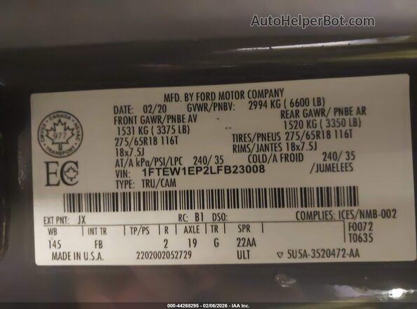 1FTEW1EP2LFB23008 2020 FORD F150 Серый Вид подкапотного пространства