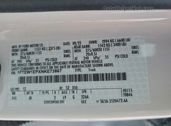 1FTEW1EPXNKE73867 2022 FORD F150 Белый Вид подкапотного пространства