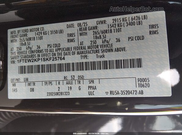 1FTEW2KP1SKF25764 2025 FORD F150 Черный Вид подкапотного пространства