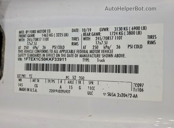 1FTEX1C50KKF33911 2019 FORD F150 Белый Вид подкапотного пространства