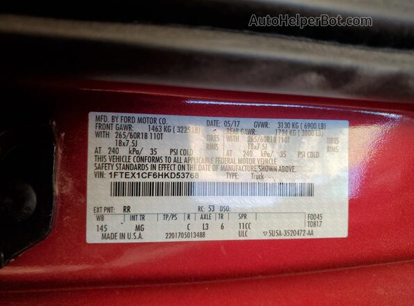 1FTEX1CF6HKD53768 2017 FORD F150 Красный Вид наклейки с VIN-кодом