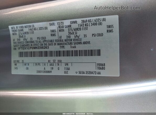 1FTEX1CP0MKE88263 2021 FORD F150 Серебряный Вид подкапотного пространства
