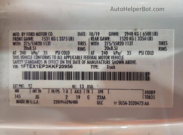 1FTEX1EP3KKF20956 2019 FORD F150 Белый Вид подкапотного пространства