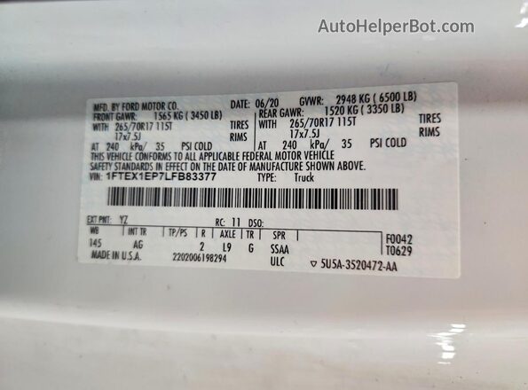 1FTEX1EP7LFB83377 2020 FORD F150 Белый Вид подкапотного пространства