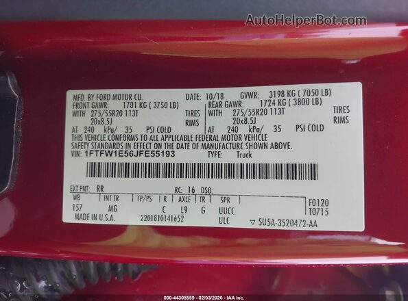 1FTFW1E56JFE55193 2018 FORD F150 Красный Вид подкапотного пространства