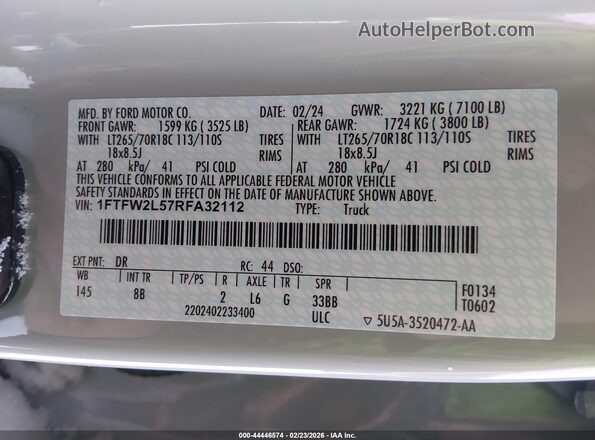 1FTFW2L57RFA32112 2024 FORD F150 Серый Вид подкапотного пространства