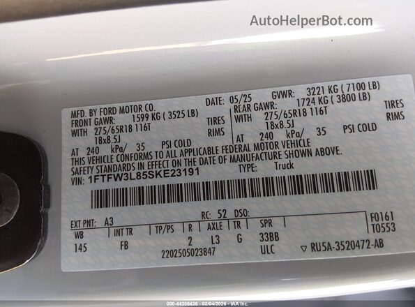 1FTFW3L85SKE23191 2025 FORD F150 Белый Вид подкапотного пространства