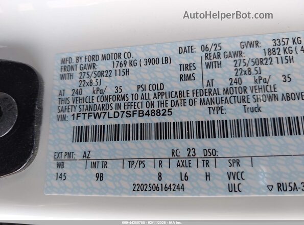 1FTFW7LD7SFB48825 2025 FORD F150 White Widok komory silnika